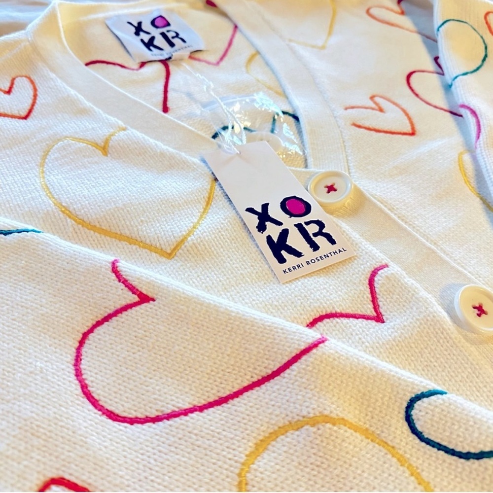 KERRI ROSENTHAL Embroidered Hearts Sweater Cardigan Size M